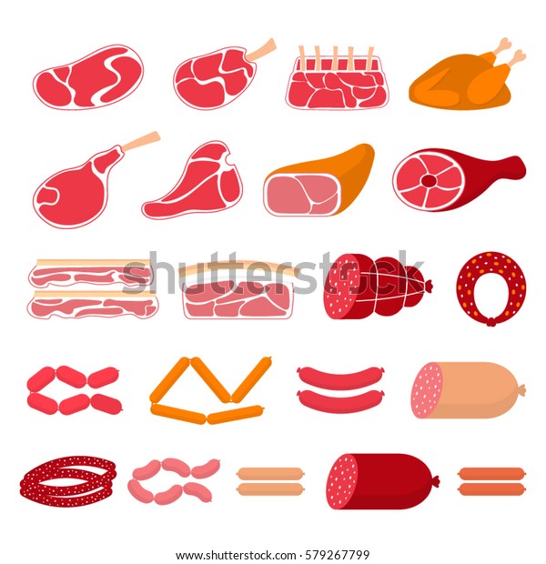 白い背景に肉製品の牛肉ステーキ ラム肉 豚肉 鶏肉 ソーセージのベクターフラットイラスト のベクター画像素材 ロイヤリティフリー