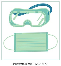 Vector flat illustration with a medical protective fabric mask and safety glasses, goggles. Stylized drawing for your web site design, logo, app, UI. Isolated stock illustration on white background.