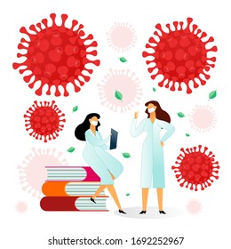 Medizinische Wissenschaftler in Vektorillustration. 2019-nCoV Covid verursacht, Symptome und Ausbreitung. Coronovirus-Alarm. Tipps zum Virenschutz. Erforschung und Entwicklung eines Präventivimpfstoffs.