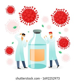 Vector flat illustration medical scientists. 2019-nCoV Covid causes, symptoms and spreading. Coronovirus alert. Virus protection tips. Research and development on a preventive vaccine.