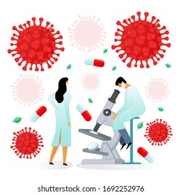 Vector flat illustration medical scientists. 2019-nCoV Covid causes, symptoms and spreading. Coronovirus alert. Virus protection tips. Research and development on a preventive vaccine.