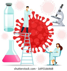 Vector flat illustration medical scientists. 2019-nCoV Covid causes, symptoms and spreading. Coronovirus alert. Virus protection tips. Research and development on a preventive vaccine.