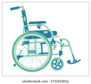 Vector flat illustration with a medical Wheelchair . Stylized drawing for logo design, decorating clothes, 2D games or postcards. Isolated stock illustration on white background.