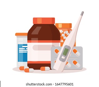 Vector flat illustration of medicine pharmacy. Healthcare banner, pharmacy icon. Isolated background. 