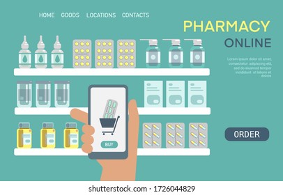 Vector flat illustration of medicine pills capsules bottles vitamins and tablets on store shelves on green background. Hand with smartphone with shopping app. Template landing page pharmacy online