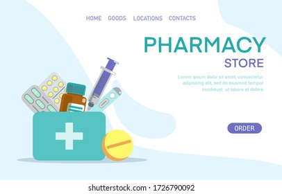 Vector flat illustration of medicine pills capsules bottles vitamins, tablets, syringe, thermometer. Drugstore  order delivery website homepage concept.  Template for landing page pharmacy online