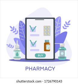 Vector flat illustration of medicine pills capsules bottles vitamins and tablets. Drugstore Internet order delivery website homepage concept.  Template for landing page pharmacy online