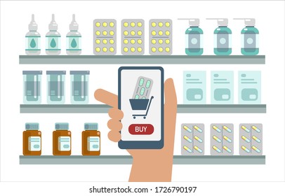 Vector flat illustration of medicine pills capsules bottles vitamins and tablets on store shelves on green background. Hand with smartphone with shopping app. Template for landing page pharmacy online