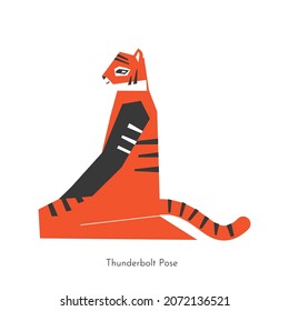 Vector flat illustration with meditation animal character. Chinese tiger learns relaxing posture and does Thunderbolt Pose at yoga practice. Basic exercise for beginners