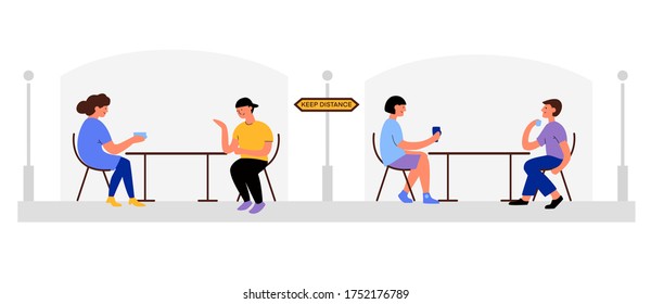 Vector flat illustration men and women in reopening cafe. Social distancing, keep distance in coffee cafe after pandemic covid-19 corona virus.  Concepts of a new norm. Design for banner, landing page