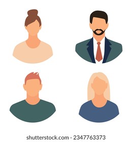 Vector flat illustration. Men and women in different styles. Avatar, user profile, person icon, profile picture. Suitable for social media profiles, icons, screensavers and as a template.