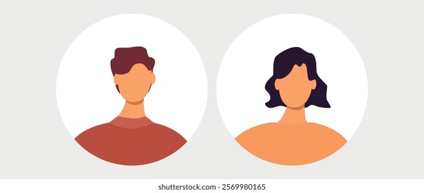 Vector flat illustration. Men and women in different styles. Avatar, user profile, person icon, profile picture. Suitable for social media profiles, icons, screensavers and as a template.