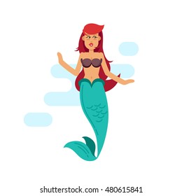 Vector flat illustration mermaid isolated in white background. Swimming cartoon mermaid with red hair. Young woman in the image of a mermaid.