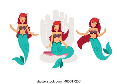Vector flat illustration mermaid isolated in white background. Set of swimming cartoon mermaid with different color hair . Young woman in the image of a mermaid.