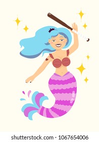 Vector flat illustration of mermaid with stars, princess with blue long hair, hooligan with a baseball bat in hand, rebel, street fight, isolated on white.