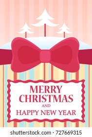 Vector flat illustration of Merry Christmas and happy New Year card with snow fir trees and ribbon.