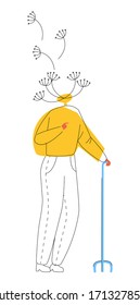 Imagen plana vectorial metáfora abstracta hombre mayor en forma de diente de león con semillas voladoras. Pérdida de memoria conceptual, deterioro cognitivo, demencia de Alzheimer. Se utilizan líneas y colores.