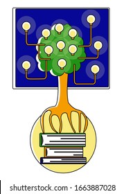 Vector flat illustration metaphor learning, knowledge, education. Here is picture of tree whose fruits are lighted light bulbs as symbol of ideas and discoveries. This tree takes root in books.