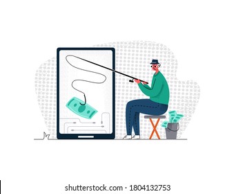 Vector flat illustration metaphor with man who is fishing for bills of money from mobile phone. Concept earning and working online, freelancing, remotely, cash winnings via Internet.