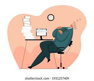 Vector flat illustration of metaphor with man, office worker, businessman, manager who fell asleep at workplace from fatigue. Concept procrastination, overwork, laziness, reduced motivation.