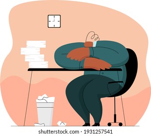 Vector flat illustration of metaphor with man, office worker, businessman, manager who fell asleep at workplace from fatigue. Concept procrastination, overwork, laziness, reduced motivation.