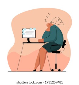 Vector flat illustration of metaphor with woman, office worker, businesswoman, manager who fell asleep from fatigue in workplace. Concept procrastination, overwork, laziness, and reduced motivation.