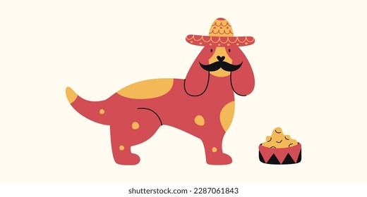 Vector flat illustration of a Mexican dog in sombrerro hat with mustache and a feeder