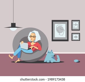 vector flat illustration of middle aged woman working at home