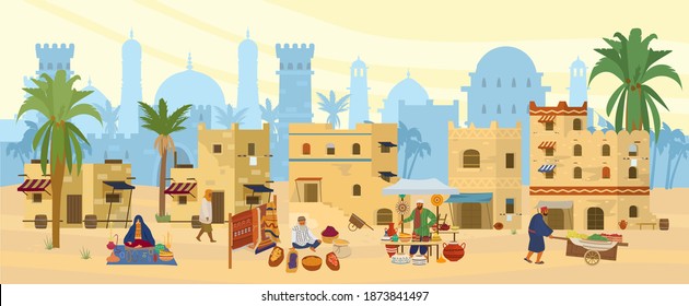 Vector Flat illustration of Middle Eastern Town. Arabic desert landscape with traditional mud brick houses and people. Street Bazaar With Carpets, ceramics, fruits, spices. Islamic Architecture.