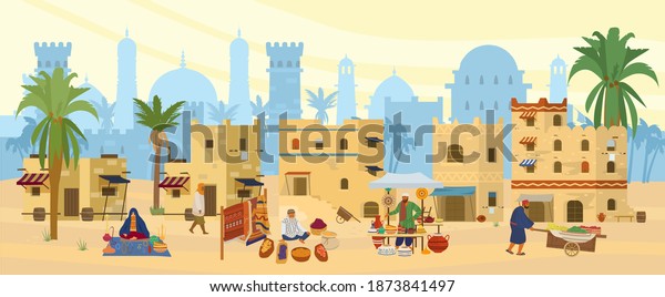 Vector Flat illustration of Middle Eastern\
Town. Arabic desert landscape with traditional mud brick houses and\
people. Street Bazaar With Carpets, ceramics, fruits, spices.\
Islamic Architecture.