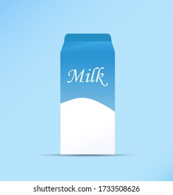 Vector flat illustration of milk packaging on a blue background. Icon for web. milk box isolated on a white background.  Dairy beverage branding at carton container with lid, realistic package.