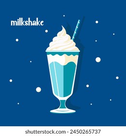 Vector flat illustration of a milkshake with whipped cream in a glass with a straw.
