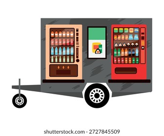 Vector ilustración plana de un Carrito de alimentos móvil o remolque con dos máquinas expendedoras de aperitivos y bebidas. Concepto de negocio moderno de comida callejera, servicio autónomo y venta rápida automatizada.