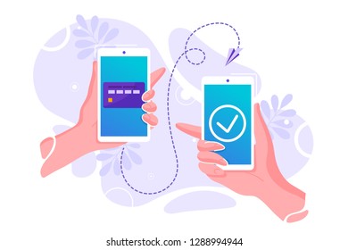 Vector flat illustration for mobile money transfer with human hands holding smartphone with credit card on its screen. Safe and easy payment concept. Perfect for mobile app banner, landing page design