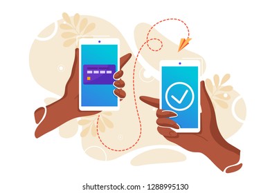 Vector flat illustration for mobile money transfer with human hands holding smartphone with credit card on its screen. Safe and easy payment concept. Perfect for mobile app banner, landing page design