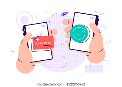 Vector flat illustration for mobile money transfer with human hands holding smartphone with credit card on its screen. Safe and easy payment concept. Perfect for mobile app banner, landing page design