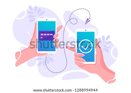 Vector flat illustration for mobile money transfer with human hands holding smartphone with credit card on its screen. Safe and easy payment concept. Perfect for mobile app banner, landing page design