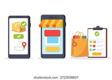 Vector flat illustration of mobile online shopping concept featuring smartphones with storefront awning, delivery tracking map, package boxes, shopping bags, and order completion checklist. Ideal for e-commerce, digital marketing, and retail app interface design