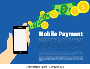 Vector flat illustration of mobile payment that depicts money bills and coins that come out of a smartphone