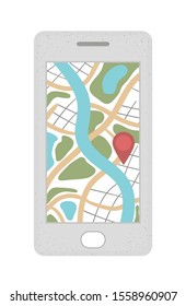 Vector flat illustration of mobile phone with map on the screen. Trendy flat colored smartphone icon. Travel object isolated on white background. Vacation infographic element.