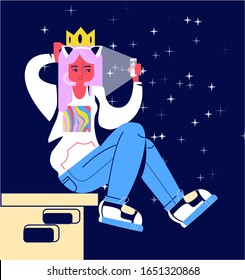 Vector flat illustration modern attractive young woman taking selfie on her phone. Concept of blogger, stories. It can be used in web design, banners, postcards, various typographic, other products. 