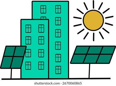 Vector flat illustration of modern city with skyscrapers, solar panels and shining sun. Concept of eco-friendly urban life, renewable energy and sustainable future.