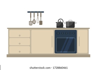 Vector flat illustration of modern furniture at kitchen design isolated objects. Wooden set, table with countertop, stove, oven. Utensils, pan, metal kettle. Spatulas, spoons, whisk hang on wall