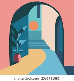 Vector flat illustration with modern interior, arched passage, stairs, bright walls and decorative plant in vase. Minimalistic design in trendy colors for interior projects, decor, posters, web design