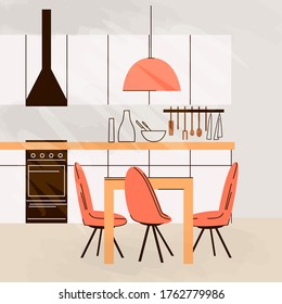 Vector flat illustration of Modern Kitchen Interior Empty No People House Room with kitchen furniture, table, chairs and cooking table.