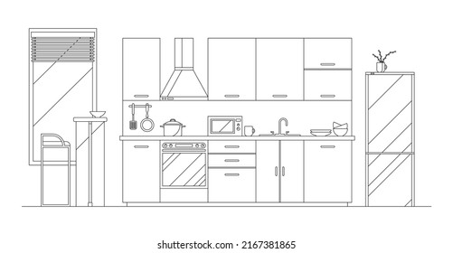 Vector flat illustration, modern kitchen interior. Furniture, kitchenware and utensil. Food preparation equipment, appliances