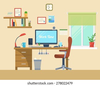 Vector flat illustration  of modern office, workspace,workplace with computer  in room. 