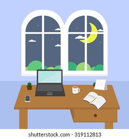 Vector flat illustration of modern office, workspace,workplace with computer in room.