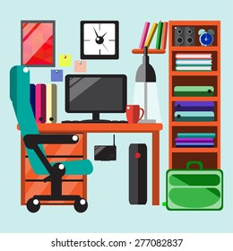 Vector flat illustration of modern workplace in room.