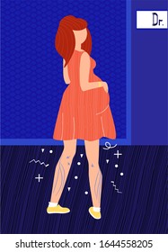 Vector flat illustration modern young pregnant woman near doctor s office. She has varicose veins in her lower extremities. Concept pregnancy problems, treatment pregnant. In web design, banners, etc.